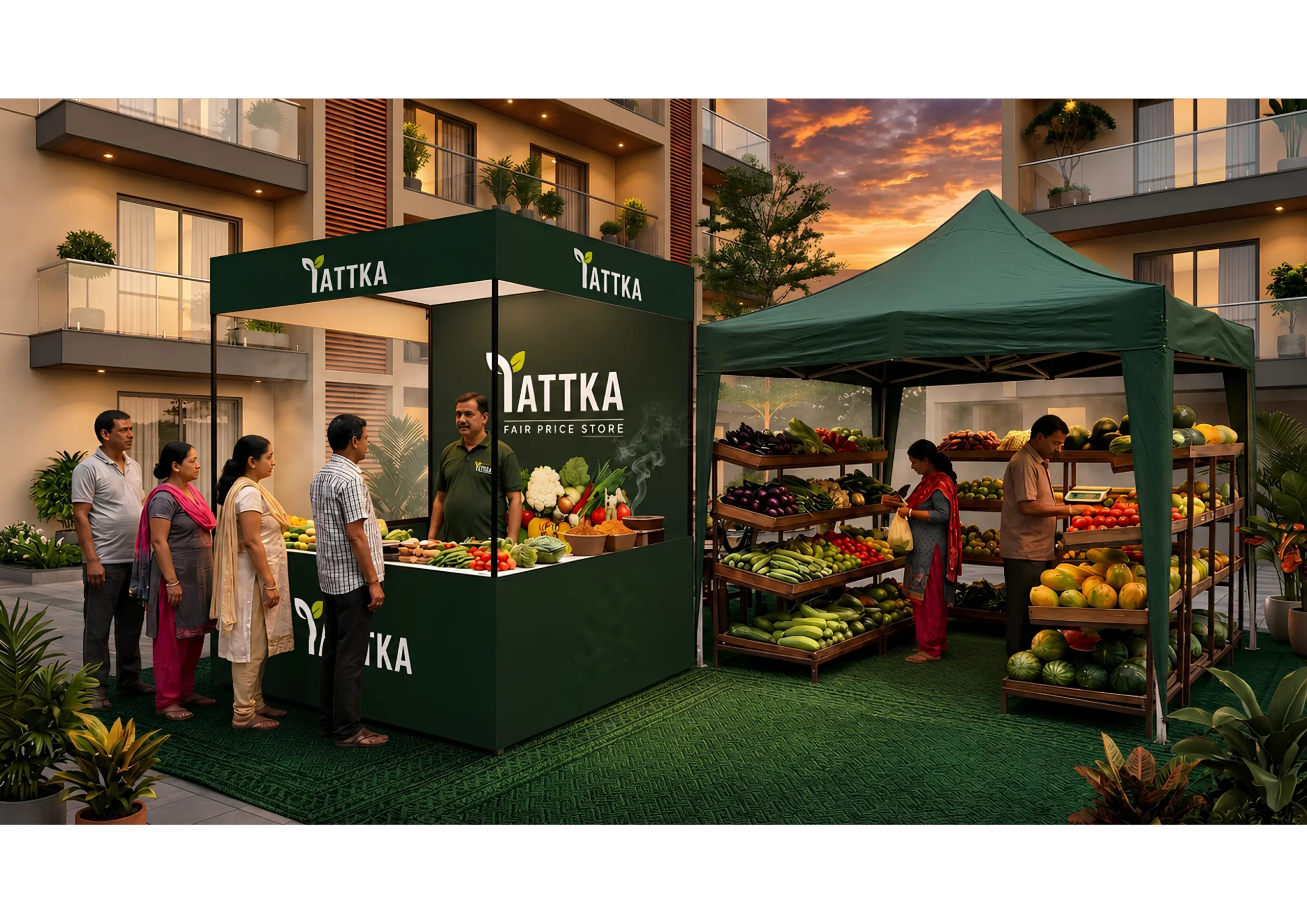 Tattka fresh produce stall set up inside a residential society, with residents buying vegetables at dusk